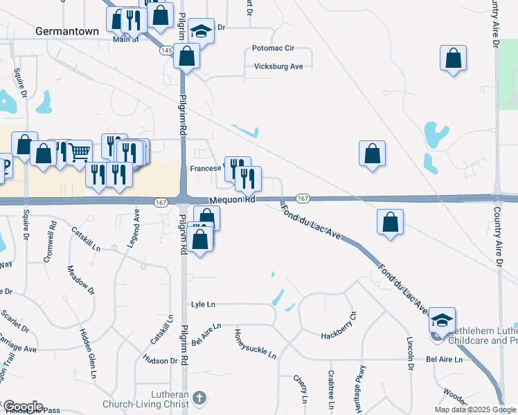 map of restaurants, bars, coffee shops, grocery stores, and more near N112 W15237 Mequon Road in Germantown
