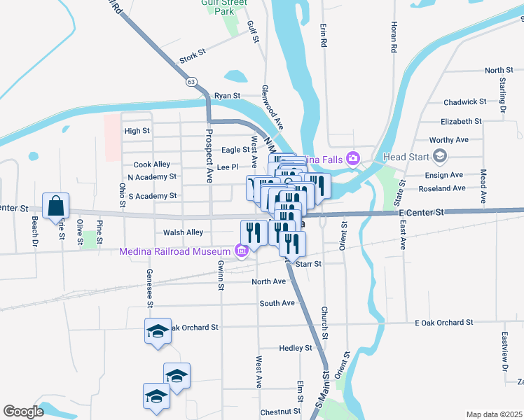 map of restaurants, bars, coffee shops, grocery stores, and more near 128 West Center Street in Medina
