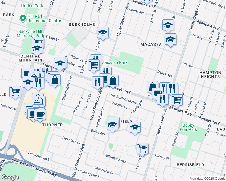 map of restaurants, bars, coffee shops, grocery stores, and more near 546 Mohawk Road East in Hamilton
