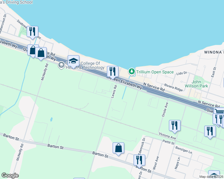 map of restaurants, bars, coffee shops, grocery stores, and more near 411 Lewis Road in Hamilton