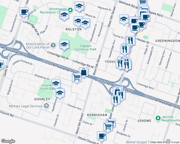 map of restaurants, bars, coffee shops, grocery stores, and more near 125 Limeridge Road West in Hamilton