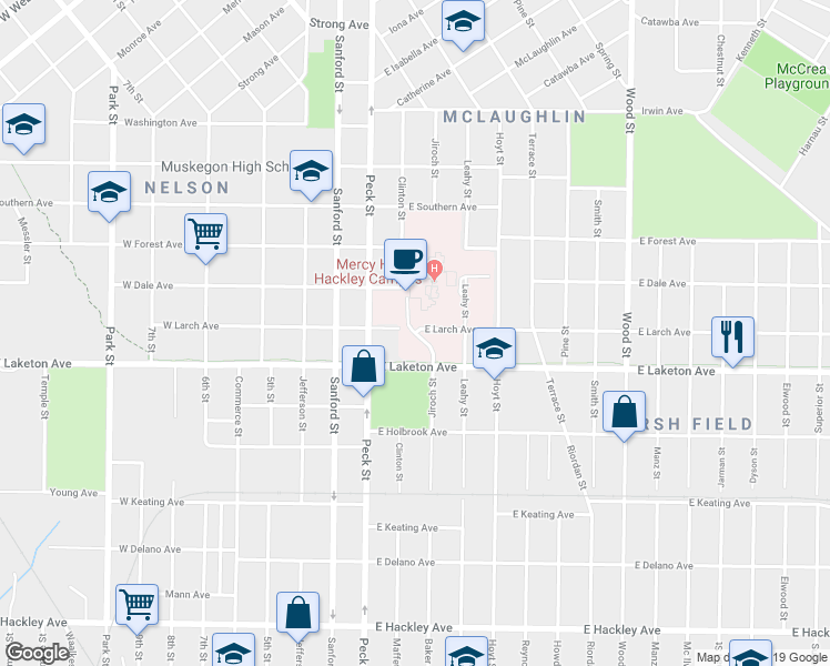 map of restaurants, bars, coffee shops, grocery stores, and more near 1675 Jiroch Street in Muskegon