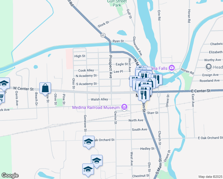 map of restaurants, bars, coffee shops, grocery stores, and more near 459 Prospect Avenue in Medina