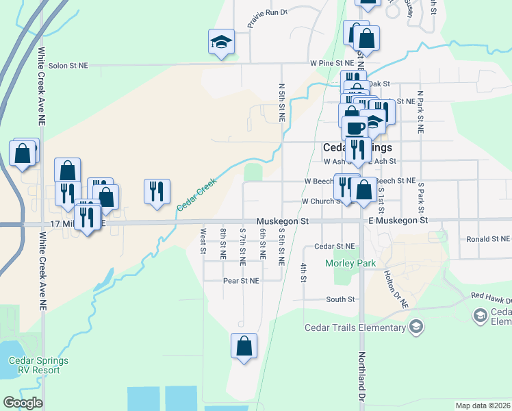 map of restaurants, bars, coffee shops, grocery stores, and more near 264 Church Street Court in Cedar Springs