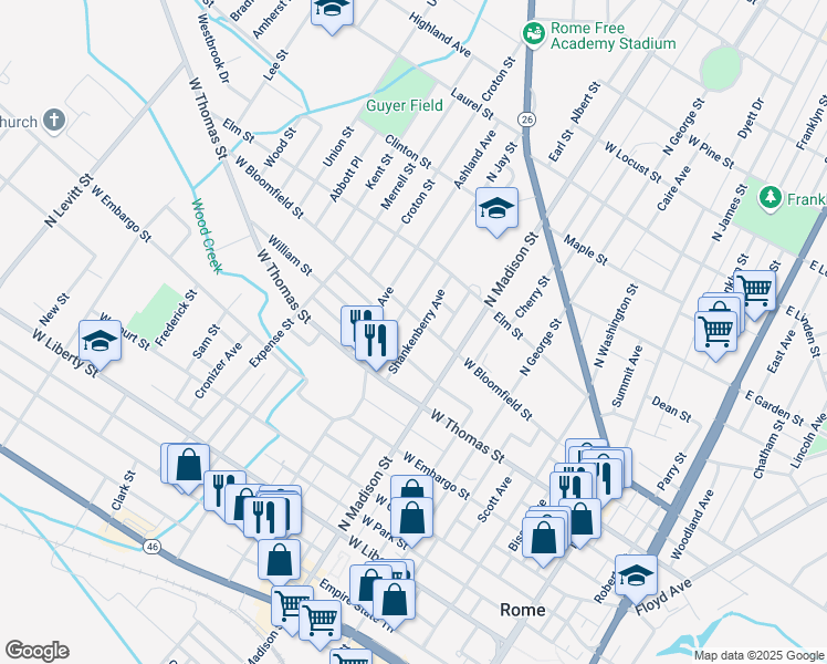 map of restaurants, bars, coffee shops, grocery stores, and more near 425 West Bloomfield Street in Rome