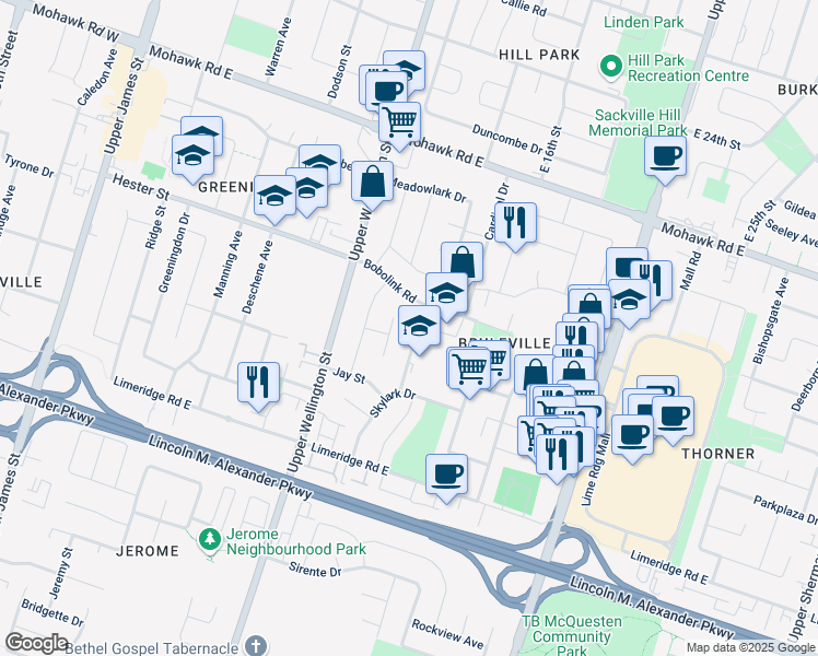 map of restaurants, bars, coffee shops, grocery stores, and more near in Hamilton