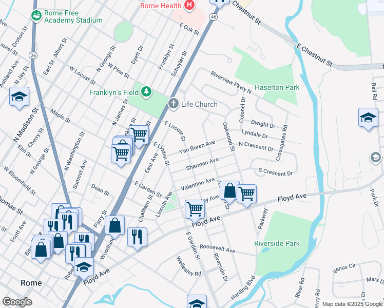 map of restaurants, bars, coffee shops, grocery stores, and more near 900 Van Buren Avenue in Rome