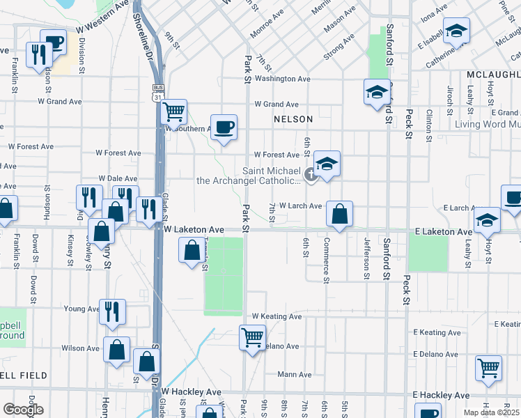 map of restaurants, bars, coffee shops, grocery stores, and more near 1747 7th Street in Muskegon