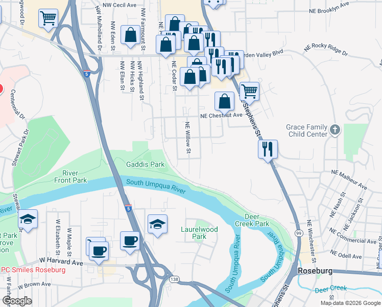map of restaurants, bars, coffee shops, grocery stores, and more near 931 Walnut Street in Roseburg