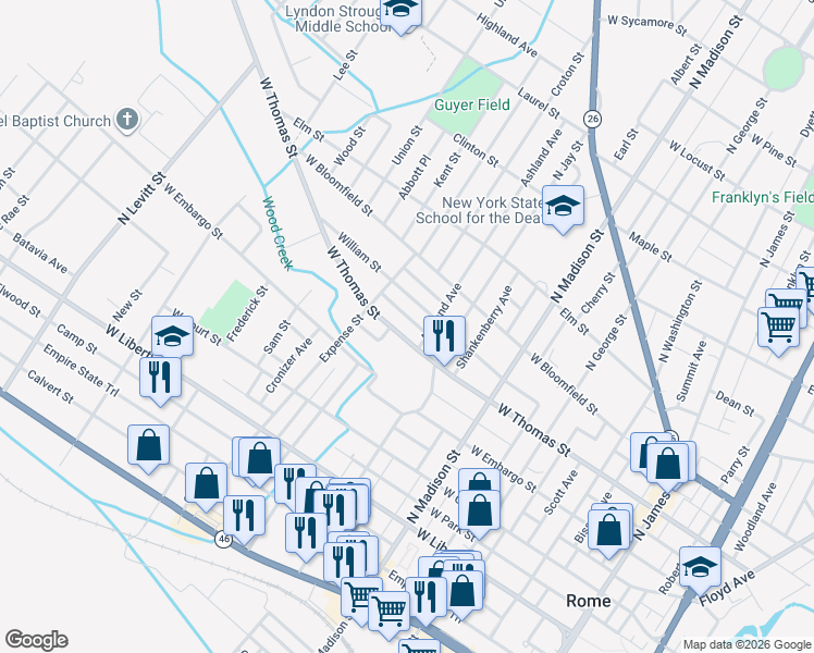 map of restaurants, bars, coffee shops, grocery stores, and more near 528 West Thomas Street in Rome