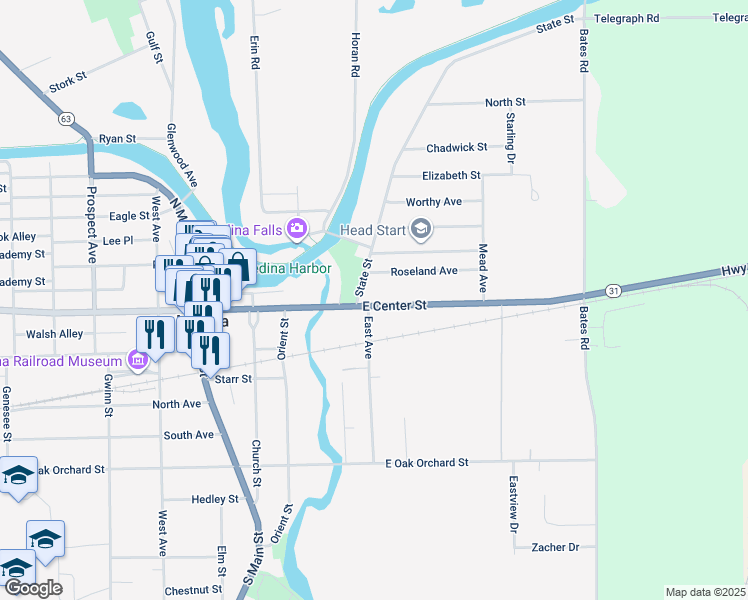 map of restaurants, bars, coffee shops, grocery stores, and more near 409 East Center Street in Medina