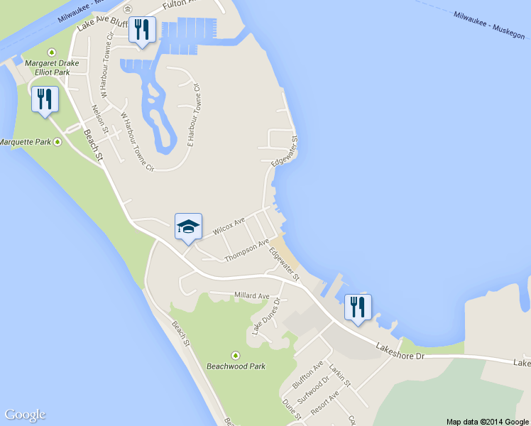 map of restaurants, bars, coffee shops, grocery stores, and more near 1835 Edgewater Street in Muskegon