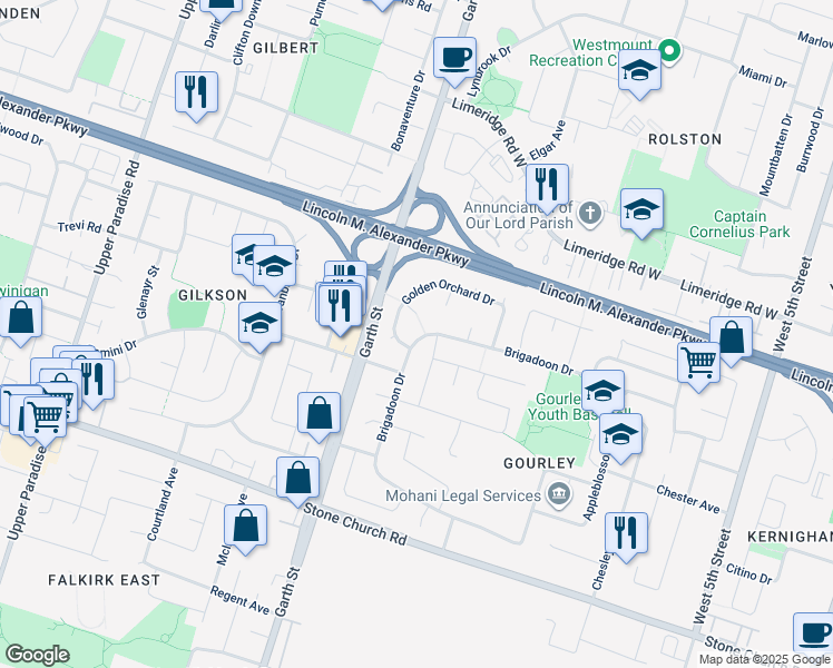 map of restaurants, bars, coffee shops, grocery stores, and more near 486 Brigadoon Drive in Hamilton