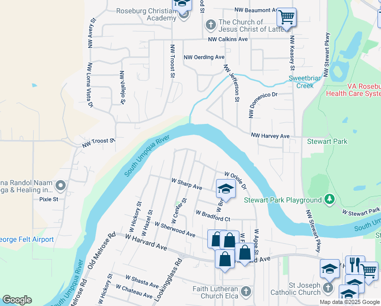 map of restaurants, bars, coffee shops, grocery stores, and more near 117 West Bodie Street in Roseburg
