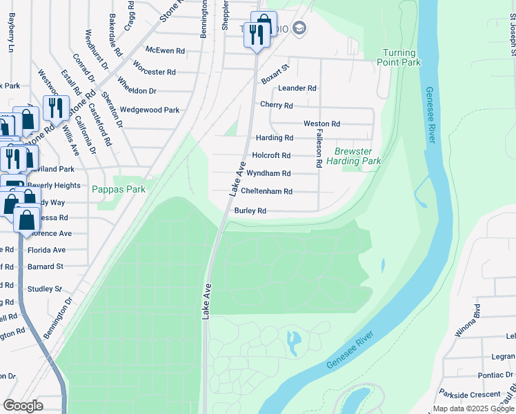 map of restaurants, bars, coffee shops, grocery stores, and more near 72 Burley Road in Rochester