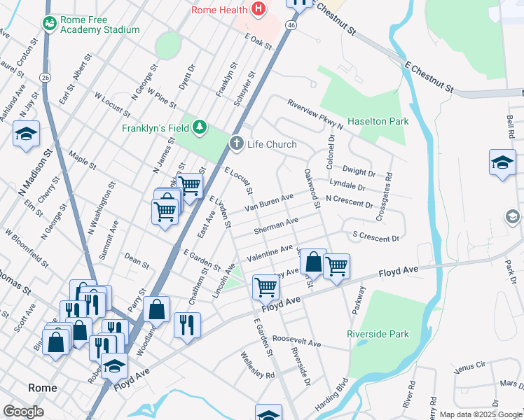 map of restaurants, bars, coffee shops, grocery stores, and more near 900 Van Buren Avenue in Rome