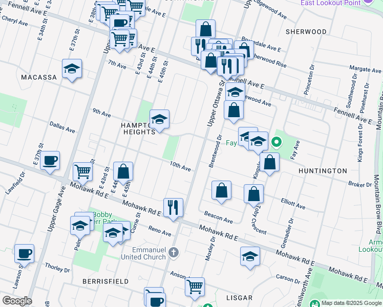 map of restaurants, bars, coffee shops, grocery stores, and more near 236 Fernwood Crescent in Hamilton