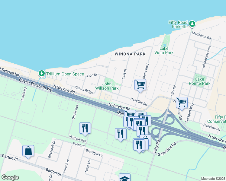 map of restaurants, bars, coffee shops, grocery stores, and more near 1289 Base Line Road in Hamilton