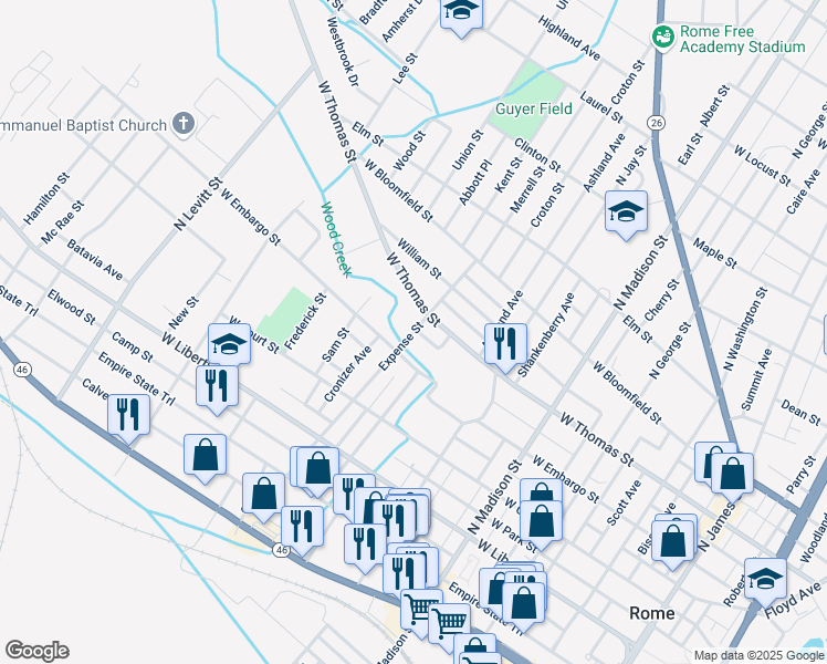 map of restaurants, bars, coffee shops, grocery stores, and more near 409 Expense Street in Rome