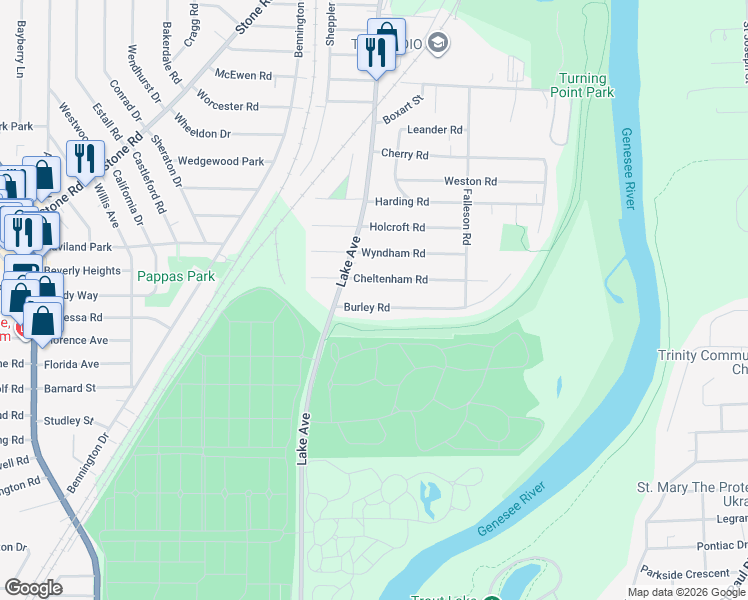 map of restaurants, bars, coffee shops, grocery stores, and more near 72 Burley Road in Rochester