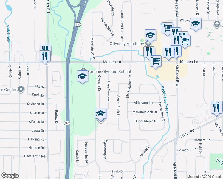 map of restaurants, bars, coffee shops, grocery stores, and more near 120 Rhea Crescent in Rochester