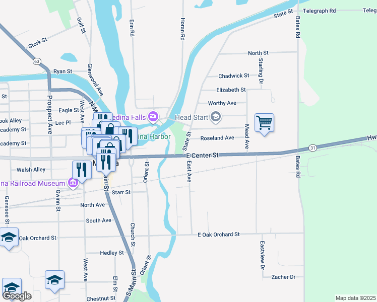 map of restaurants, bars, coffee shops, grocery stores, and more near 409 East Center Street in Medina