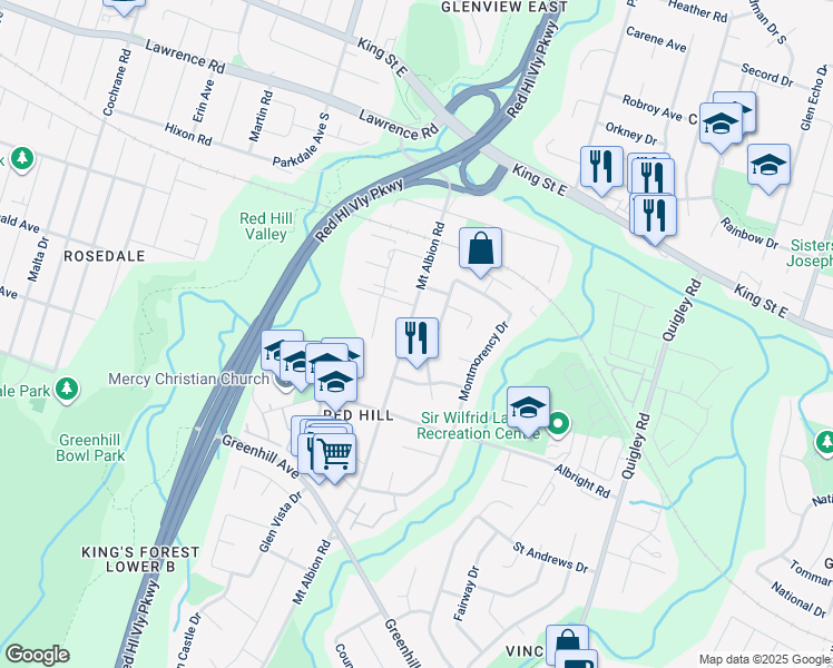 map of restaurants, bars, coffee shops, grocery stores, and more near 117 Mount Albion Road in Hamilton