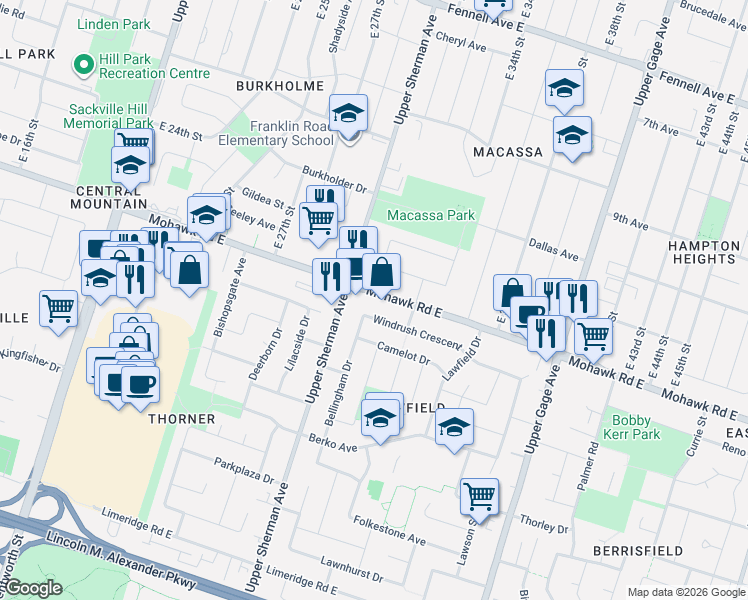 map of restaurants, bars, coffee shops, grocery stores, and more near 534 Mohawk Road East in Hamilton