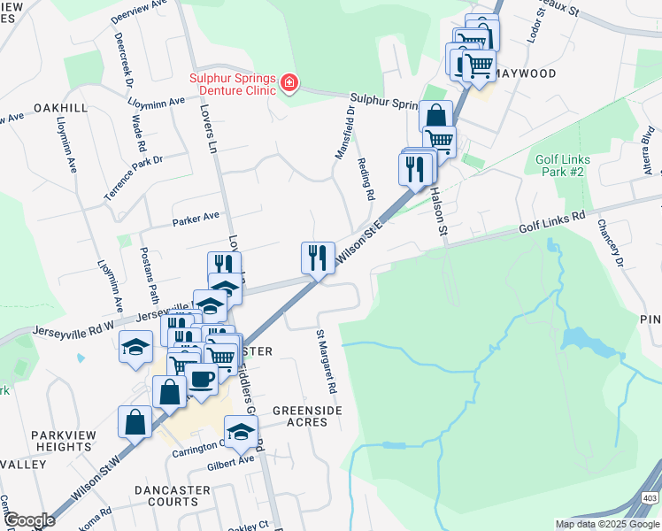 map of restaurants, bars, coffee shops, grocery stores, and more near 111 Wilson Street East in Hamilton