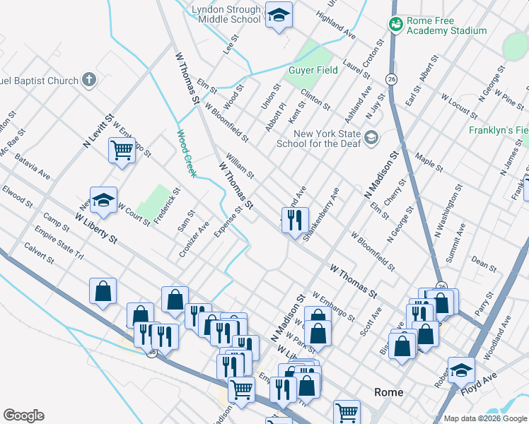 map of restaurants, bars, coffee shops, grocery stores, and more near 528 West Thomas Street in Rome