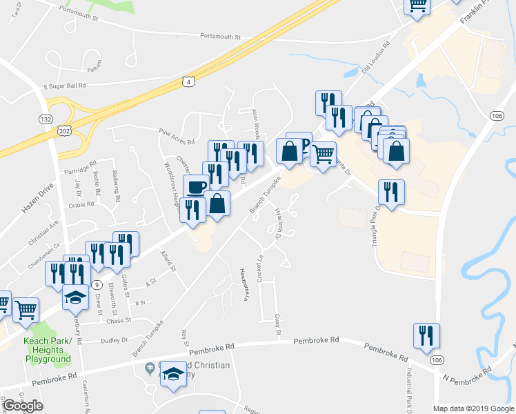 map of restaurants, bars, coffee shops, grocery stores, and more near 84 Branch Turnpike in Concord