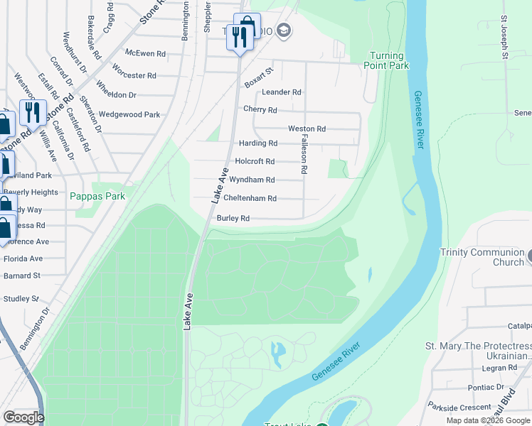 map of restaurants, bars, coffee shops, grocery stores, and more near 124 Burley Rd in Rochester