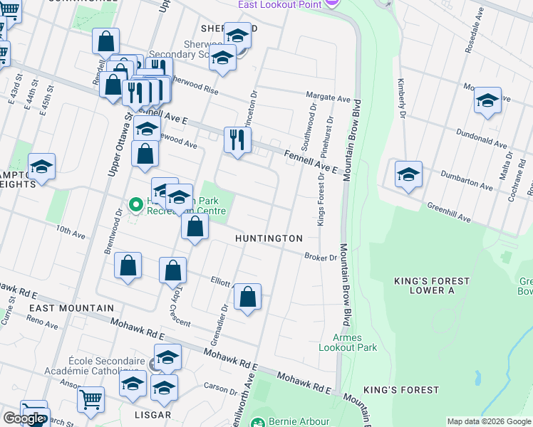map of restaurants, bars, coffee shops, grocery stores, and more near 126 Organ Crescent in Hamilton