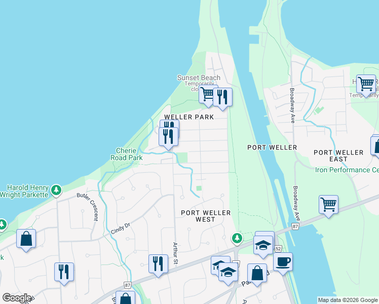 map of restaurants, bars, coffee shops, grocery stores, and more near 2 Durham Drive in Saint Catharines