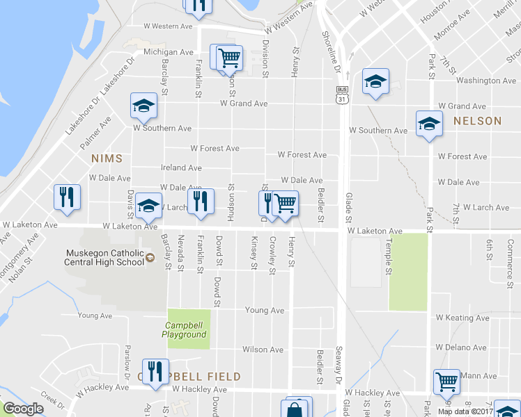 map of restaurants, bars, coffee shops, grocery stores, and more near 1749 Division Street in Muskegon