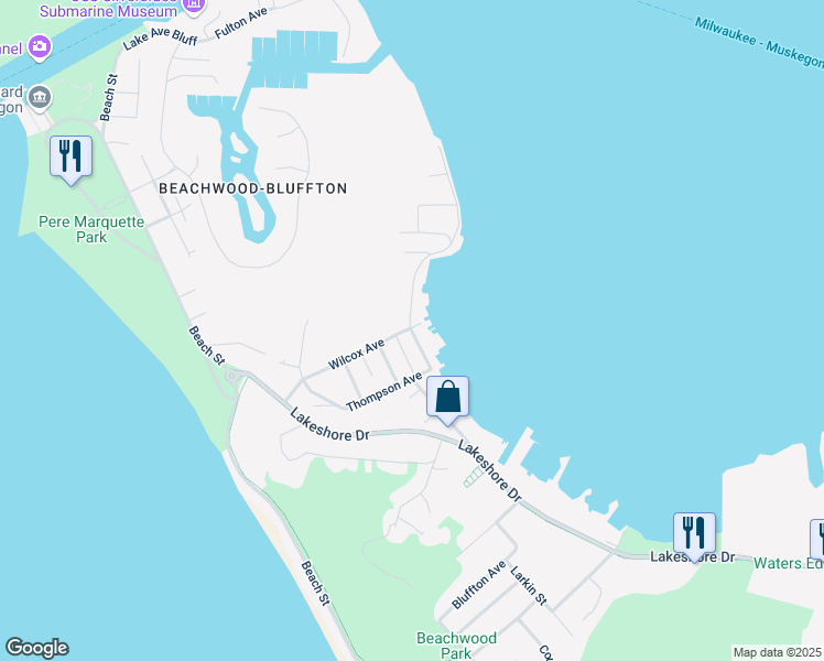 map of restaurants, bars, coffee shops, grocery stores, and more near 1796 Edgewater Street in Muskegon