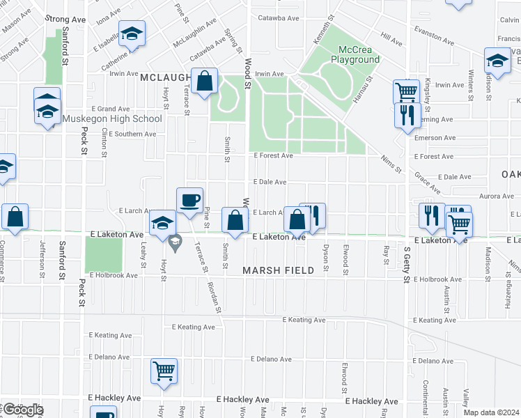map of restaurants, bars, coffee shops, grocery stores, and more near 1733 Manz Street in Muskegon