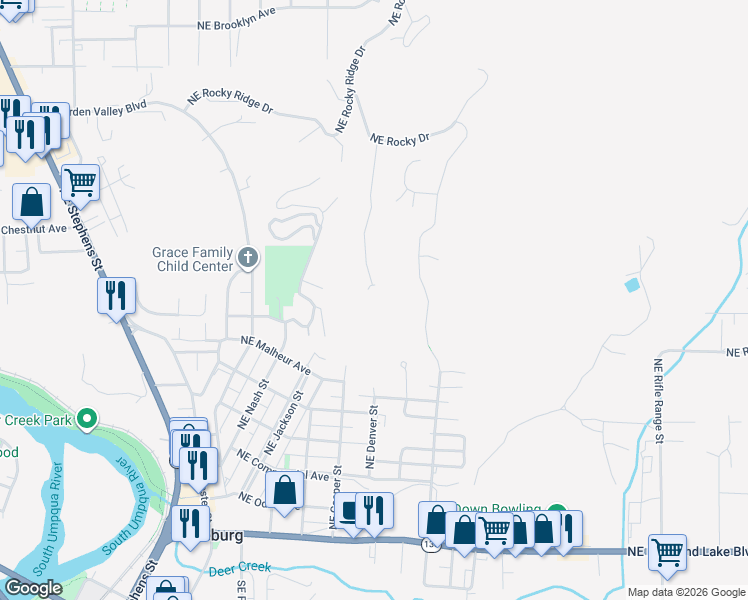 map of restaurants, bars, coffee shops, grocery stores, and more near 881 Northeast Granite Ridge in Roseburg