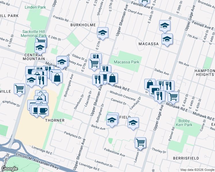 map of restaurants, bars, coffee shops, grocery stores, and more near 534 Mohawk Road East in Hamilton