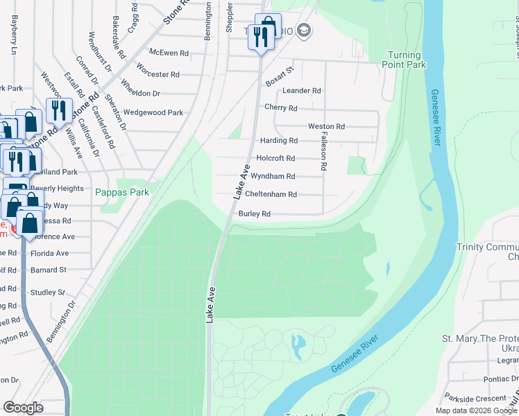 map of restaurants, bars, coffee shops, grocery stores, and more near 72 Burley Road in Rochester