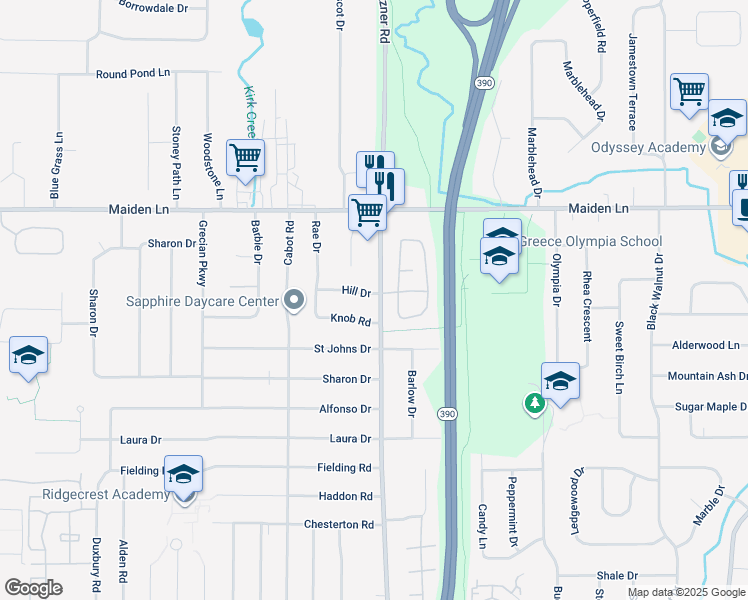 map of restaurants, bars, coffee shops, grocery stores, and more near 655 Fetzner Road in Rochester