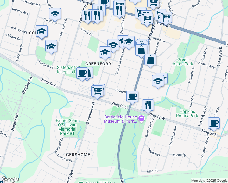 map of restaurants, bars, coffee shops, grocery stores, and more near 21 Orlanda Road in Hamilton