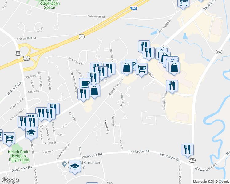 map of restaurants, bars, coffee shops, grocery stores, and more near Todd Circle in Concord