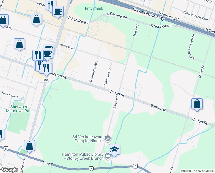 map of restaurants, bars, coffee shops, grocery stores, and more near 2782 Barton Street East in Hamilton