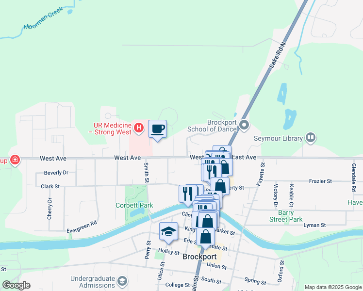 map of restaurants, bars, coffee shops, grocery stores, and more near 701 Wellington Woods Drive South in Brockport