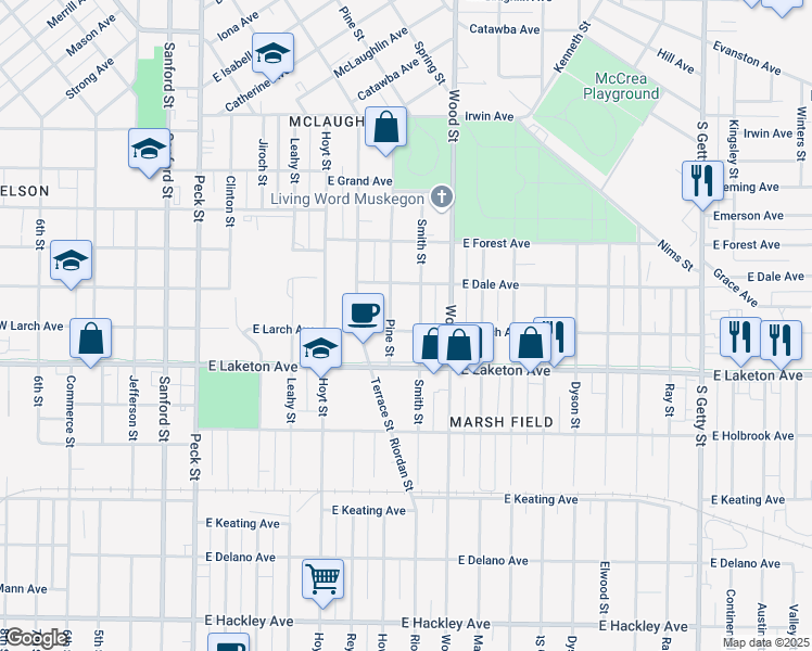 map of restaurants, bars, coffee shops, grocery stores, and more near 332 East Larch Avenue in Muskegon