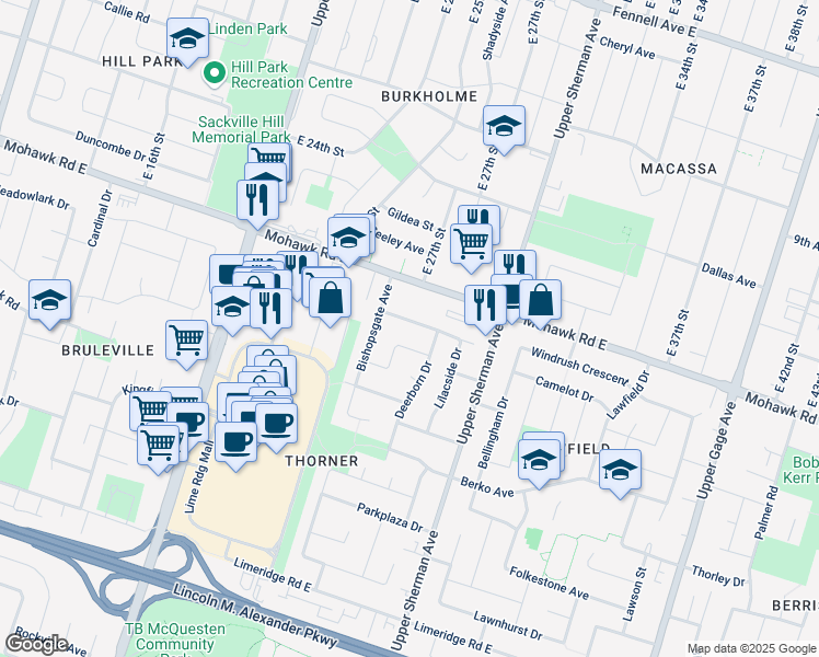 map of restaurants, bars, coffee shops, grocery stores, and more near 18 Lilacside Drive in Hamilton