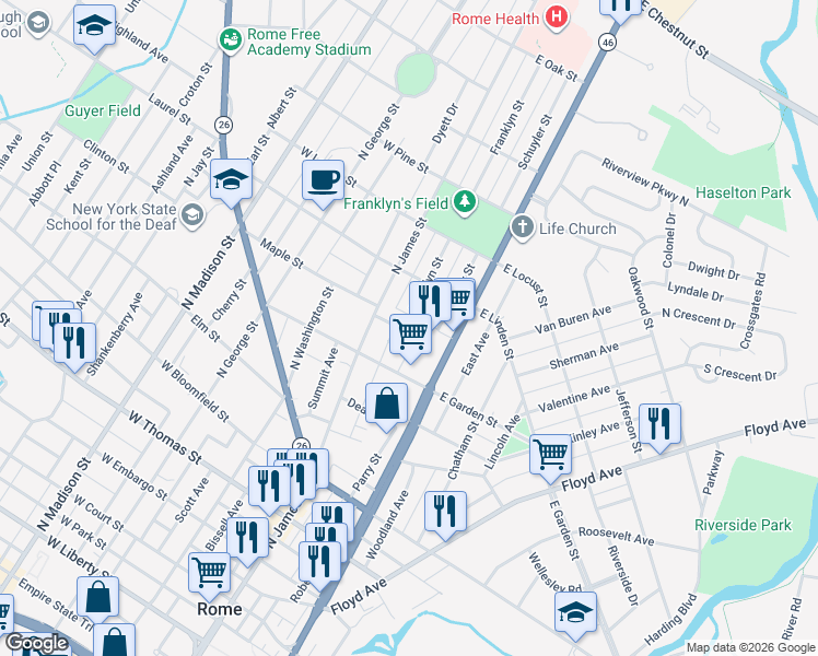 map of restaurants, bars, coffee shops, grocery stores, and more near 910 Franklyn Street in Rome