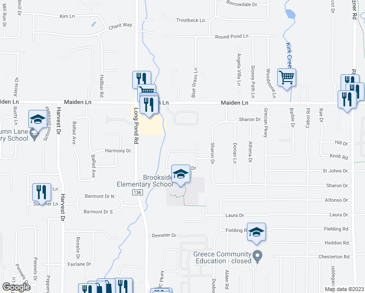 map of restaurants, bars, coffee shops, grocery stores, and more near 42 Erath Drive in Rochester