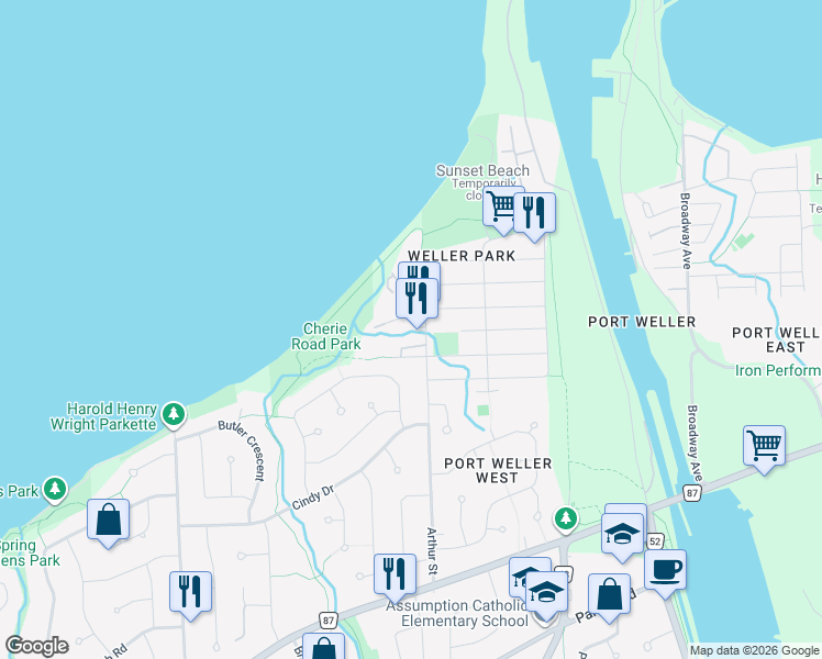 map of restaurants, bars, coffee shops, grocery stores, and more near 100 Arthur Street in St. Catharines